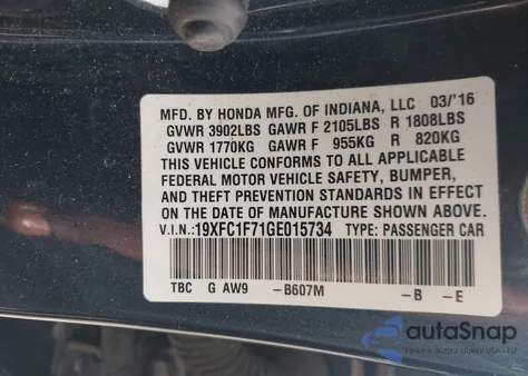 2016 Honda Civic Ex-L z USA, uszkodzony, nr VIN 19XFC1F71GE015734